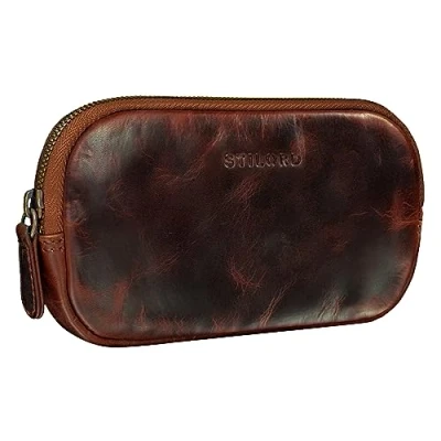 Image of STILORD &#039;Mike&#039; Small Leather Pouch Vintage for Men Women Ideal as Pencil Case Cosmetic Bag Coin Purse Key Organizer in Genuine Leather, Colour:Kara Cognac