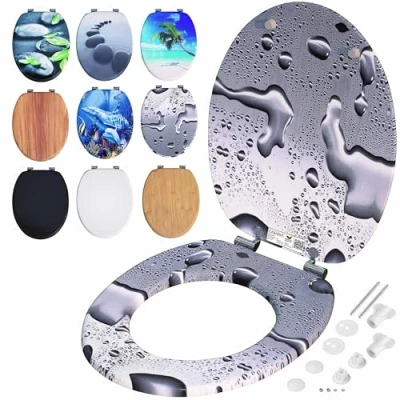 Image of CASARIA® Water Drops Design Double Soft Close Toilet Seat MDF Wood Core Hygienic Stainless Steel Hinges 175kg Capacity Wooden Bathroom Standard D Shape Slow Top Lid Seats