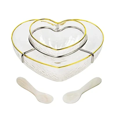 Image of DUEBEL Glass Caviar Dish, Gold Plating Edge Heart Shape Server Set Plus 2 pcs. x Mother of Pearl Spoon Chiller, Shrimp Serving Chiller for Bar, Restaurant, Catering Events