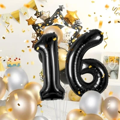 Image of Number Balloons 16,Black 16 Balloon 40 Inch Giant Helium Foil for Boys Girls 16th Birthday Party Decor Anniversary Decorations Supplies