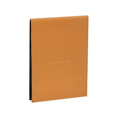 Image of RHODIA 118098C ​​ Case Clipboard + Stapled Notepad N8 Shopping Orange 7.4 x 21 cm Small Squares 80 Detachable Sheets White Clairefontaine Paper g/m Pencil Holder Faux Leather