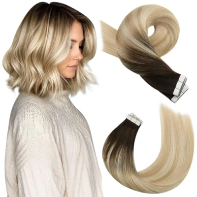 Image of Moresoo Tape in Hair Extensions Human Blonde Real Brown Ombre to Caramel with Platinum Balayage 14 Inch 20 Pieces/50g #2/27/613
