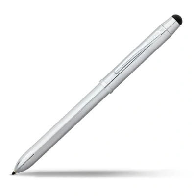 Image of Cross Tech3+ Refillable Twist Action Metal Multifunction Ballpoint Pen with Stylus/Pencil/Eraser, Medium Ballpoint, includes Premium Gift Box and Assorted Ink Cartridges, 1 Pack, Lustrous Chrome