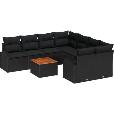 Image of vidaXL 9 Piece Garden Sofa Set with Cushions Black Poly Rattan Acacia
