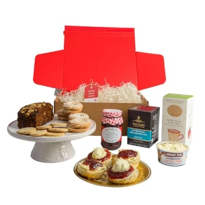 Image of Afternoon Tea Hamper British Gift With Sweat &amp; Savoury Treats Includes Scones, Clotted Cream, Strawberry Jam, Biscuits, Teabags Dundee Cake Hampers Gourmet Gifts