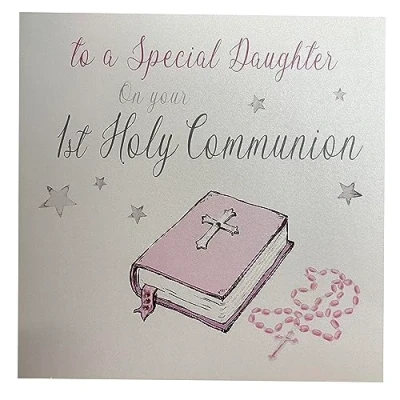Image of WHITE COTTON CARDS Large Handmade to A Special Daughter On Your 1st Holy Communion Pink Bible Card, White, XN88D