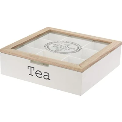 Image of 9 Compartment Wooden Tea Box with Glass Lid Bag Storage Organiser