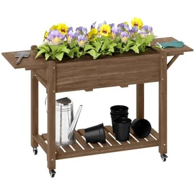 Image of Outsunny Raised Garden Bed, Wooden Elevated Planter Box with Lockable Wheels, Side Tables and Bottom Shelf, Outdoor Liner Drainage Holes for Vegetables, Flowers, Fruits, Carbonised