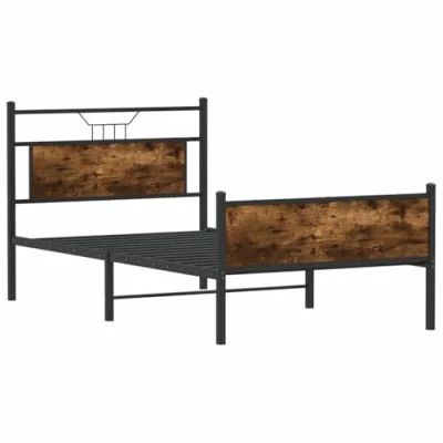 Image of vidaXL Single Bed Frame Smoked Oak, Engineered Wood &amp; Steel, 100x190 cm with Storage, Modern Bedroom Bedstead