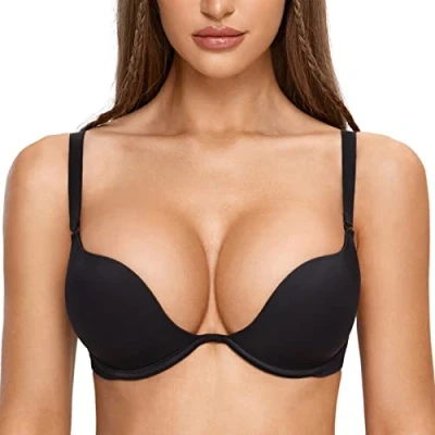 Image of DOBREVA Women&#039;s Push Up Bra Plunge Low Back Halter Convertible Padded Underwire Black 36D