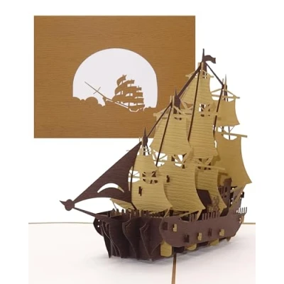 Image of Pop Up Card&quot;Sailing Fourmaster&quot; 3D Card with Envelope and Special Paper Wood Grain Travel Voucher &amp; Boat Birthday Greeting Sailing