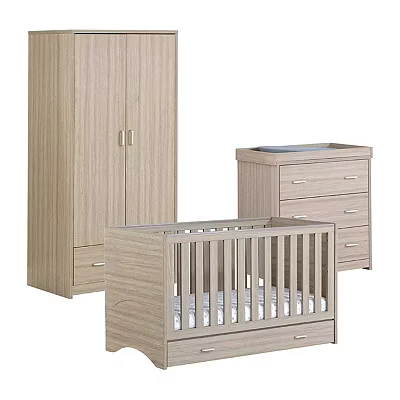 Image of Babymore Veni 3 Piece Nursery Room Set with Drawer Oak 1 Under Baby Cot Bed &amp; One 2 Door Wardrobe Having Full Size Chest Changer, Wooden Of Storage Cabinet
