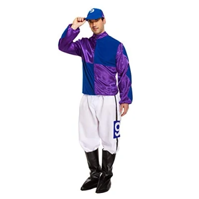 Image of HENBRANDT Adult Men’s Blue and Purple Horse Jockey Outfit with Peaked Hat Boot Covers Sports Fancy Dress Costume Racing Up One Size Mens