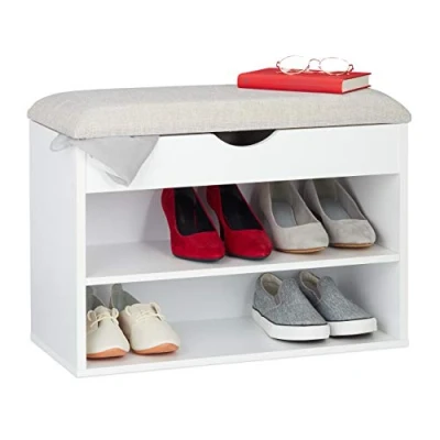 Image of Relaxdays Shoe Bench, Upholstered Cushion, Foldable Seat, Modern Storage Solution, 3 Compartments, 45 x 62 30 cm White,10029598