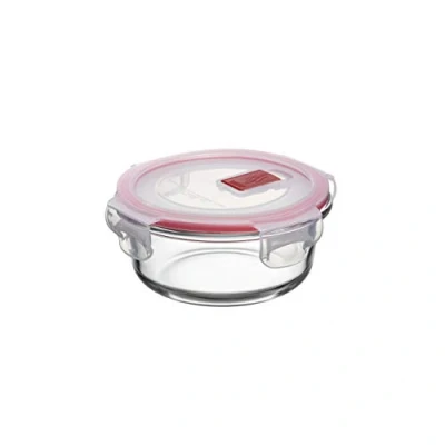 Image of TATAY Glass Food Storage, Airtight, 0.4L of Capacity, Clip Lid, BPA free, Suitable Microwave, Dishwasher, Oven &amp; Freezer. Red. Measures: 13.7 x 13.7x 6.2 cm