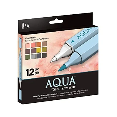 Image of Spectrum Noir Aqua Artist&#039;s Water Based Dual Nib Marker Colouring Pens, Essentials, Pack of 12, 19 x 18.4 2.1 cm