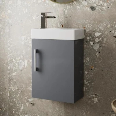 Image of AURORA® 400mm Wall Hung Vanity Unit Furniture, Wash Basin Bathroom Sink, Soft Close Door, Storage Cabinet, Grey Gloss