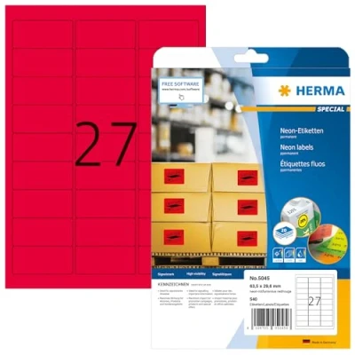 Image of HERMA Self Adhesive Coloured Labels, 27 Labels per A4 Sheet, 20 Sheets, 63.5 x 29.6 mm, 540 Blank Colour Stickers, Sticky for Laser &amp; Inkjet Printer, Neon Red