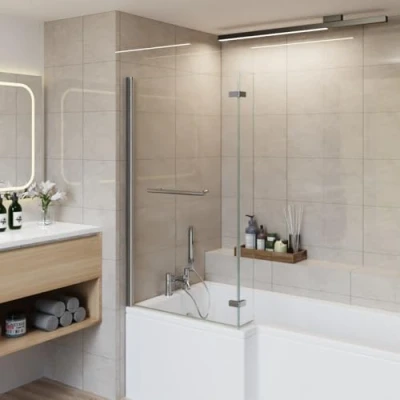 Image of Aquariss 810x1400mm Square Bath Shower Screen 2 Folding Bifold 6mm Safety Glass Easy Clean Panel Frameless 180 Degree Pivot Chrome with Towel Rail