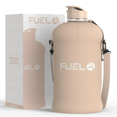 Image of Fuel24 Jug with Insulated Sleeve &amp; Removable Shoulder Strap 2.2 Litre Water Bottle Extra Strong Material Drop Proof, Pop or Straw Cap 2.2L Large Gym Sports BPA FREE (Pop Cap, Nude)