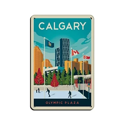 Image of AZOLID Vintage Metal Tin Signs Calgary Travel Poster Wall Decor Office Cafe Bathroom Badroom 14x20CM