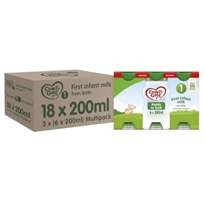 Image of Cow &amp; Gate 1 First Infant Baby Milk Ready to Use Liquid Formula, from Birth, 200 ml, (Pack of 18)