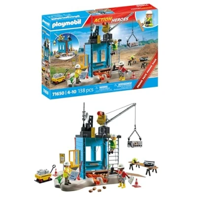 Image of Playmobil 71650 Action Heroes: Construction Site Promo Pack, with three figures, movable crane, and many additional extras, detailed play sets suitable for children ages 4+