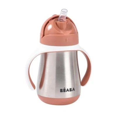 Image of BEABA, 2 in 1 Sippy Cup Toddler Children’s Beaker with Straw 100% Waterproof Easy to Open Removable Handles INOX 250 ml Terracotta