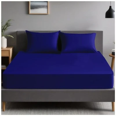 Image of Plain Dyed Bedding Fitted Bedsheets, Soft &amp; Comfy Double Bed Sheet, Breathable Non Iron Percale Sheets, Royal Blue