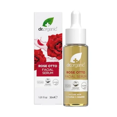 Image of Dr Organic Rose Otto Facial Serum, Moisturising, Healthy Aging, Wrinkles, Mature Skin, Natural, Vegan, Cruelty Free, Paraben &amp; SLS Recycled Recyclable, Organic, 35ml, Packaging may vary