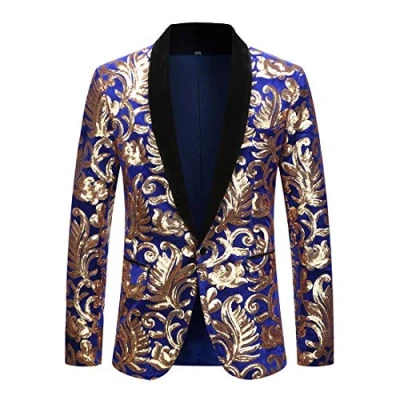 Image of PYJTRL Men Fashion Velvet Sequins Floral Pattern Suit Jacket Blazer (Blue 01, XS)