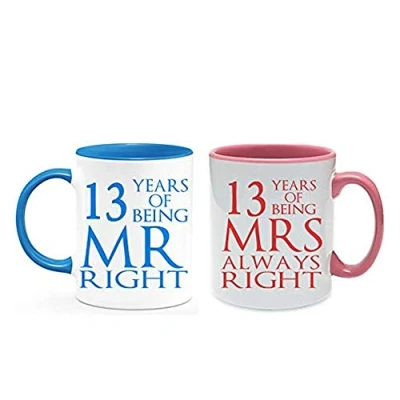 Image of Lace Anniversary 13 Years of Being Mr Right &amp; Mrs Always Set 2 Wedding Anniversary, Valentines Day, Coloured Couple Mug Set. (13 Years)