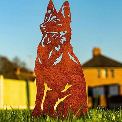 Image of German Shepherd Garden Ornament Christmas Dog Lover Gift Alsatian Related Statue Malinois Figure Metal Art Home Decor Sculpture (Natural Oxidised)