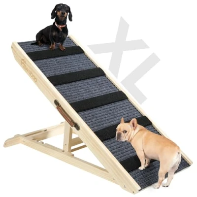 Image of Pawaboo Dog Ramp for Bed Couch, Extra Wide Portable Wooden Pet Ramp, 4 Adjustable Height from 11.6&#039;&#039; to 22.4&#039;&#039;, Step Small Medium Cat with Non slip Mat, Up 143lbs, Use Car Couch