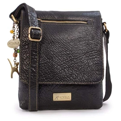Image of Catwalk Collection Handbags Women&#039;s Leather Anti Theft Crossbody Bag Medium Messenger Adjustable Shoulder Strap ANJA Black