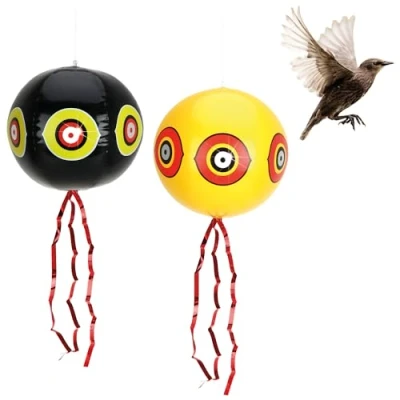 Image of com four® 2x bird repellent balloon round scarecrow for hanging with reflective eyes and crackling stripes scarer pigeons, starlings, crows jackdaws (2 pieces balloon)