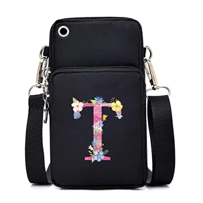 Image of FINDING CASE initial letter Printed Women Girls men Zipper Waterproof Nylon 3 Layers Crossbody Bags Wallet Cellphone Purse Shoulder Bag Wristlet Handbags Adjustable Strap (pink T)
