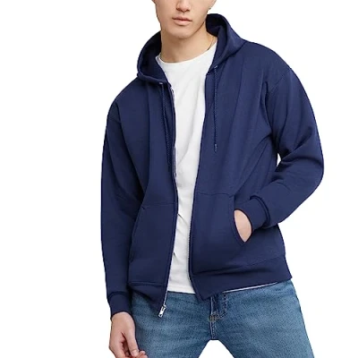Image of Hanes Men&#039;s Hoodie, EcoSmart Fleece Zip Front Hooded Sweatshirt, Cotton Blend Mid Weight Up, Navy, Large
