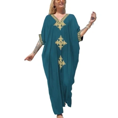 Image of YouKD Women&#039;s Summer Long Kaftan Maxi Boho Dress V Neck Beach Swimsuit Coverups Evening Gown