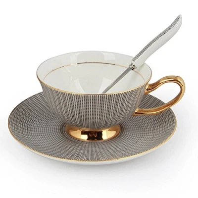Image of YBK Tech Euro Style Cup&amp; Saucer Set Art Bone China Ceramic Tea Coffee Cup for Home Kitchen Wedding (Black)