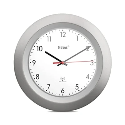 Image of Mebus Radio Controlled Wall Clock, Classic Model, Silver Frame, White Dial, 29 cm Diameter, Round, Clock (DCF77), Model: 19448, Colour: Silver,