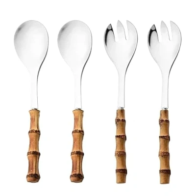 Image of 4Pcs Salad Spoon and Fork Set, Long Handle Serving Bamboo Wooden Kitchen Stainless Steel Tableware Cutlery for Mixing Fruit Pasta Dish Set (Silver)
