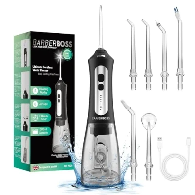 Image of BarberBoss Water Flosser, Portable Oral Irrigator, Electric Tooth Plaque Remover for Teeth, Dental Teeth Cleaning Kit, Cordless Flossers Gum Health, QR 7025 (Black)
