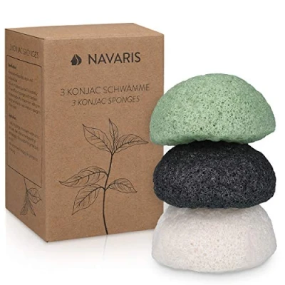 Image of Navaris Set of Konjac Sponges 3x Natural Exfoliating and Cleansing Sponge Shower Puffs for Face Body including Bamboo Charcoal Green Tea