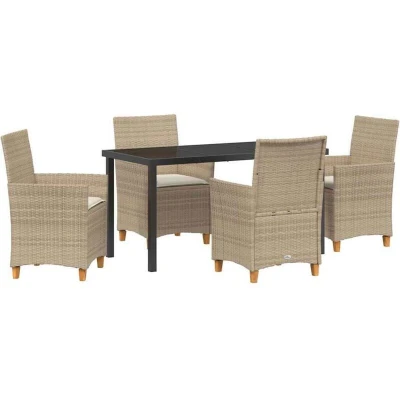 Image of vidaXL 5 Piece Garden Dining Set with Cushions Beige Poly Rattan