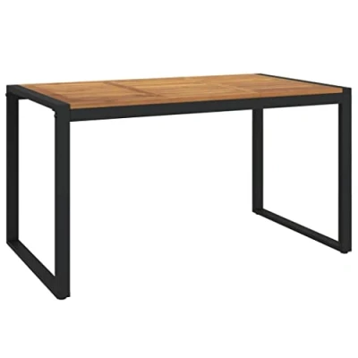 Image of vidaXL Garden Dining Table with Stable Acacia Wood Top and U Shaped Metal Legs Industrial Style Outdoor Patio Furniture Brown Rectangular