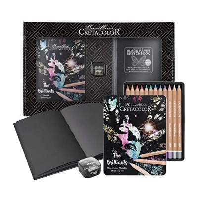 Image of CRETACOLOR &quot;The Brilliants&quot; Metallic Drawing Set with Premium Book and Sharpener in Beautiful Packaging, Colourful, 12 Colouring Pencils, Soft Rich Colour Application,