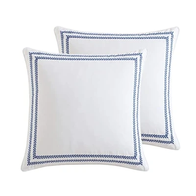 Image of Laura Ashley Cotton 2 Piece Pillow Sham Set, Farmhouse Home D cor, Euro, Stitched Vine Blue