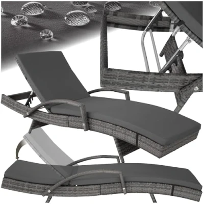 Image of TecTake® Rattan Sun Lounger, 5 Position Adjustable Backrest, Weather Resistant, Quick Assembly, Non Slip Legs, Soft Lounger Cushion with Removable Cover, Lightweight, Stable Garden Daybed grey