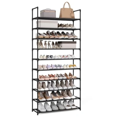 Image of SONGMICS 10 Tier Shoe Rack, Shelf, Storage Organiser, Space Saving, 28 x 83 173 cm, Metal Frame, Non Woven Fabric Shelves, for Hallway, Bedroom, Black LSH110BH01